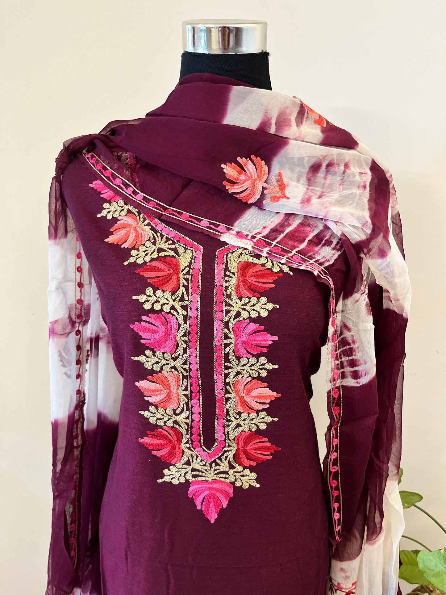 Cotton Wine Aari Embroidered 3pc suit