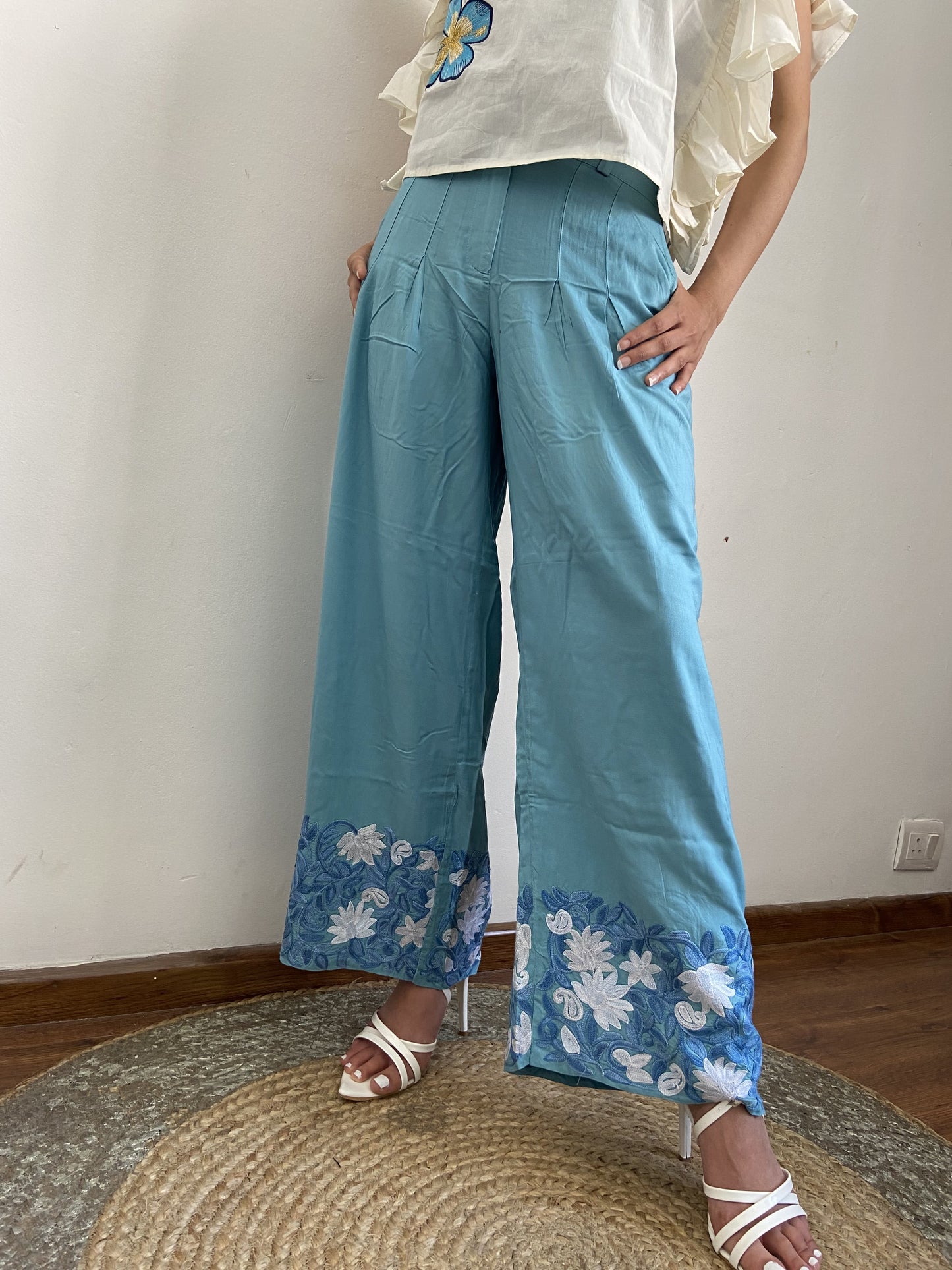 Women Blue Ankle Length Aari Embroidered Palazzos ‘S’