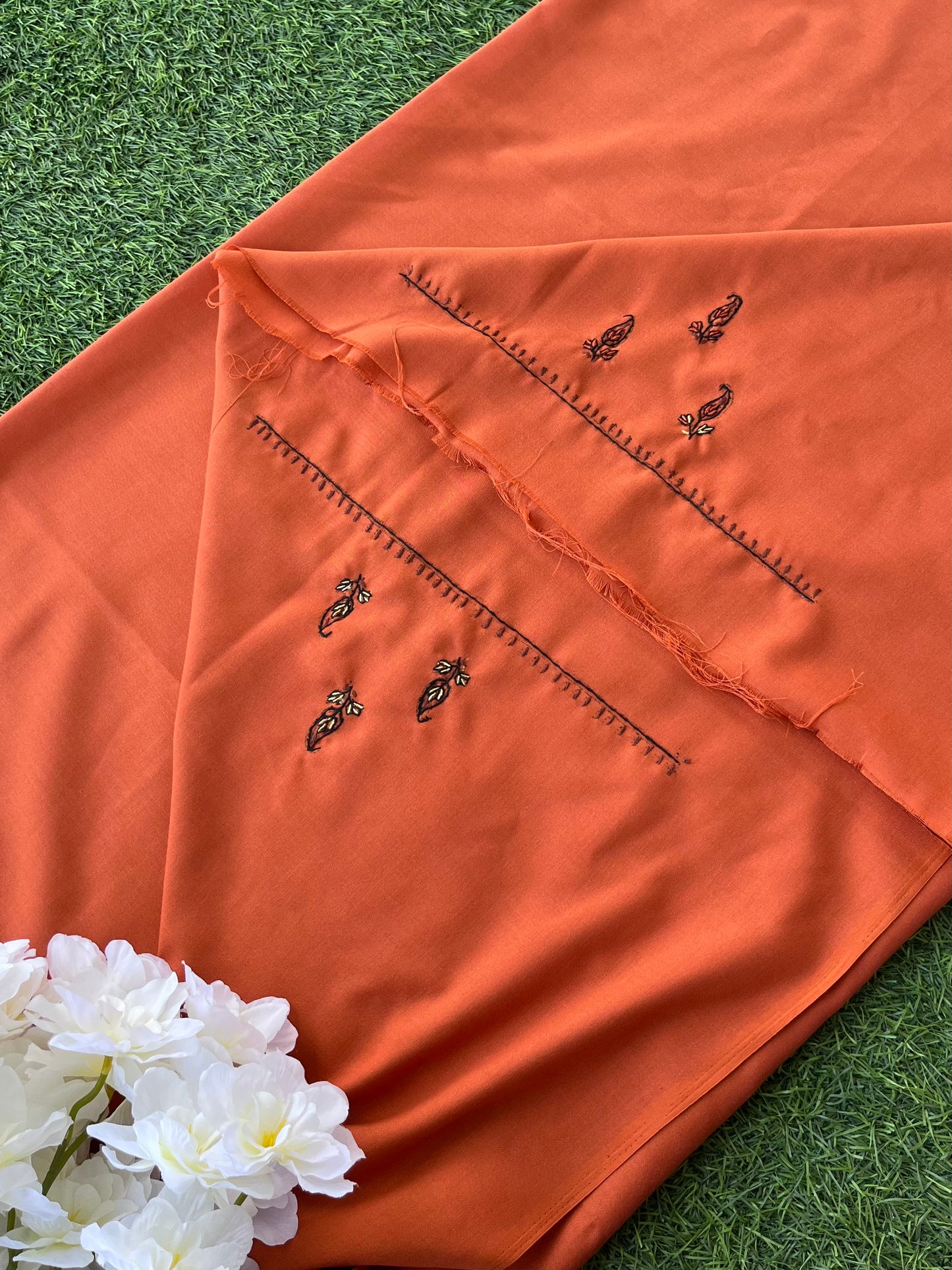 Cotton Orange Sozni Work Two Piece Set (Hand Embroidered)