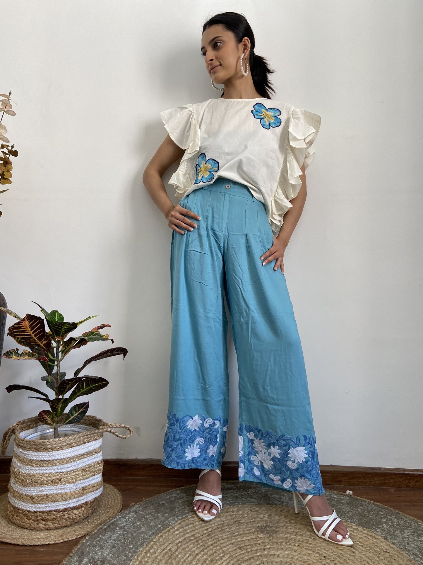 Women Blue Ankle Length Aari Embroidered Palazzos ‘S’