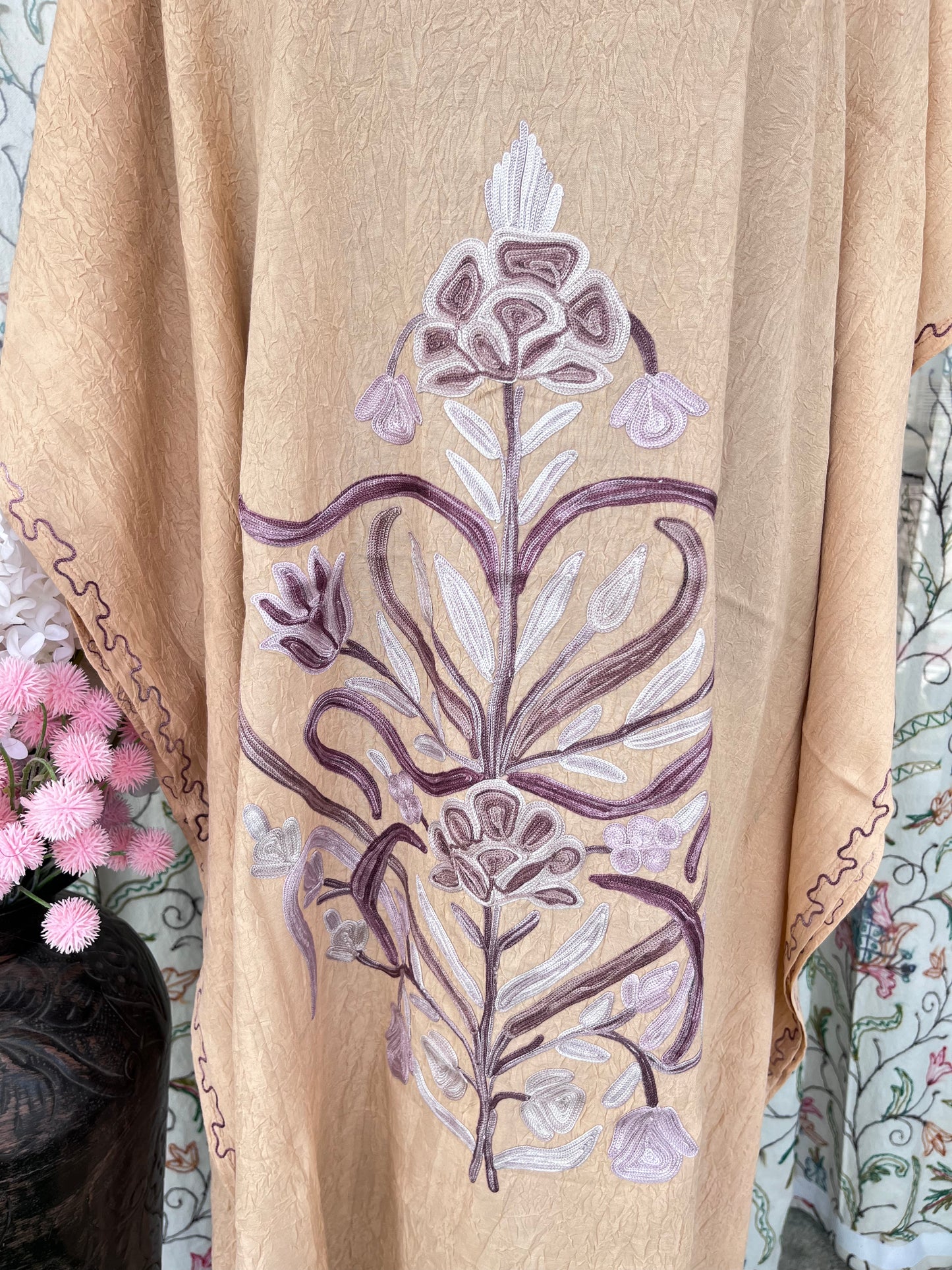 Crush Cotton Beige Aari embroidered Kaftan