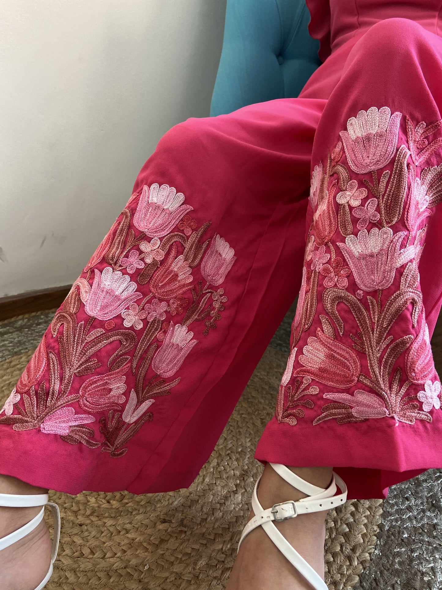 Women Pink Solid Flared Aari Embroidered Palazzos ‘L’