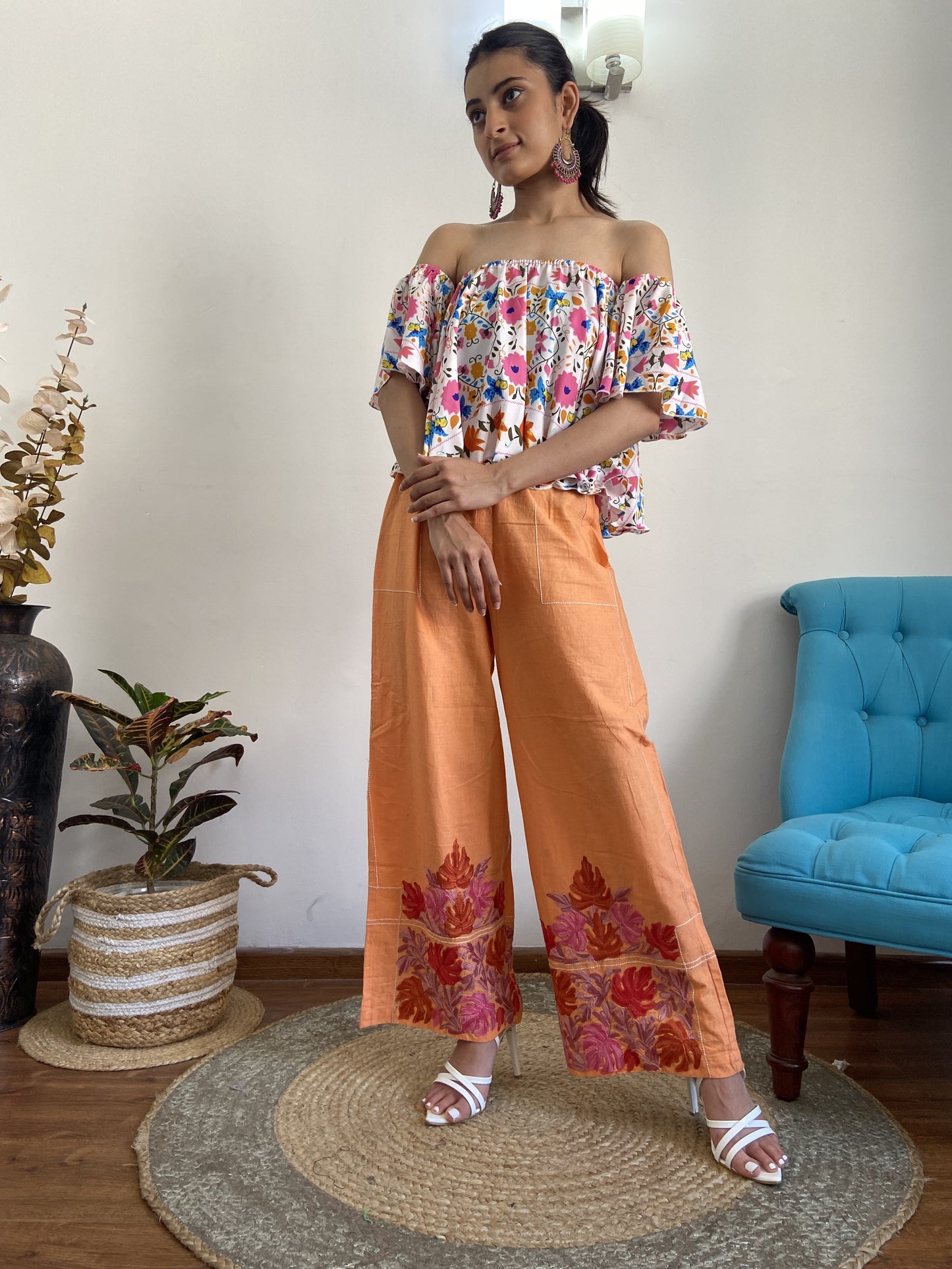 Women Orange Wide Leg Aari Embroidered Palazzos ‘M’