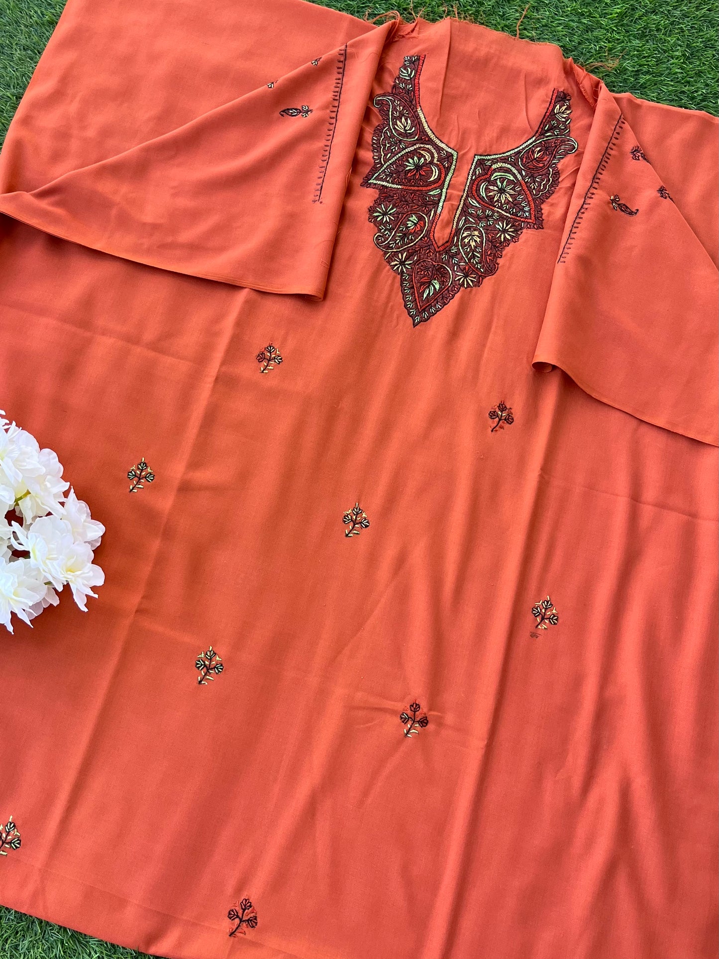 Cotton Orange Sozni Work Two Piece Set (Hand Embroidered)