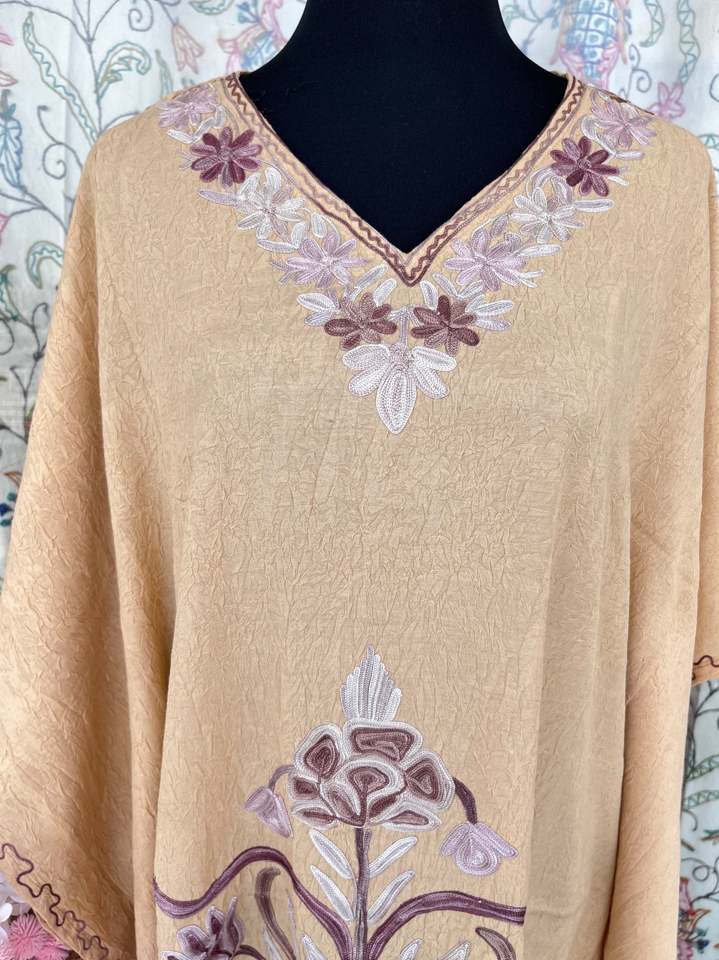 Crush Cotton Beige Aari embroidered Kaftan