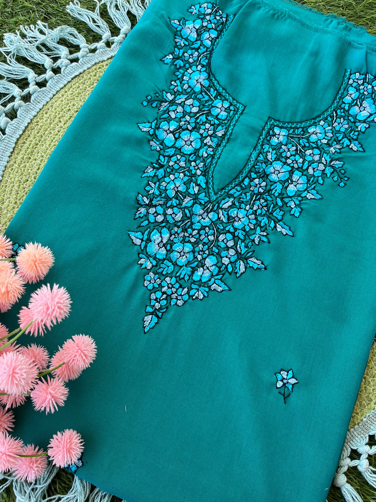 Cotton Green Needle Work Two Piece Set (Hand Embroidered)