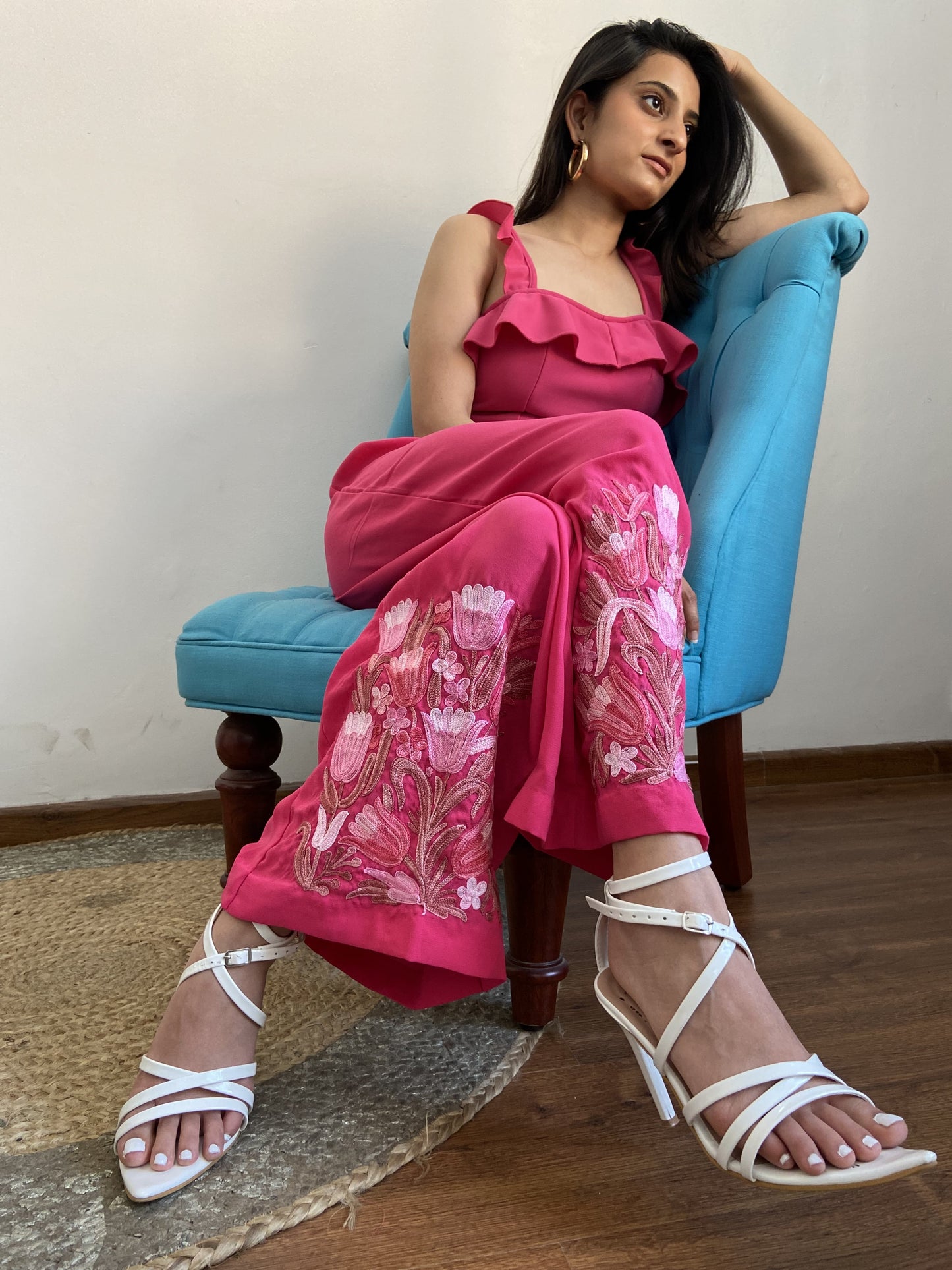 Women Pink Solid Flared Aari Embroidered Palazzos ‘L’