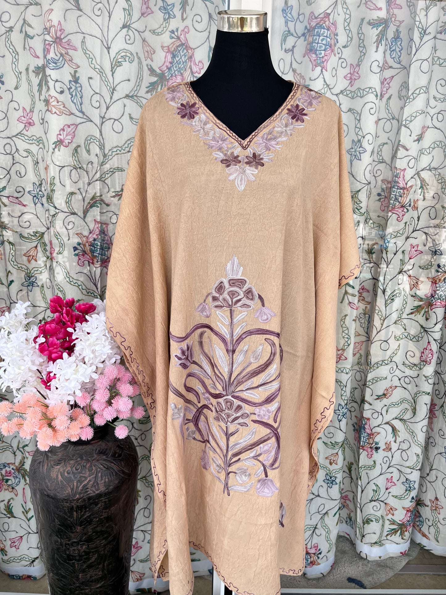 Crush Cotton Beige Aari embroidered Kaftan