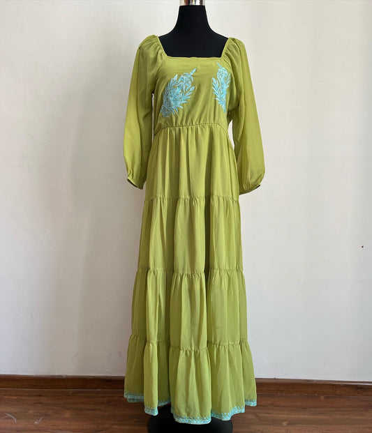 Women Green Long Aari Embroidered Dress