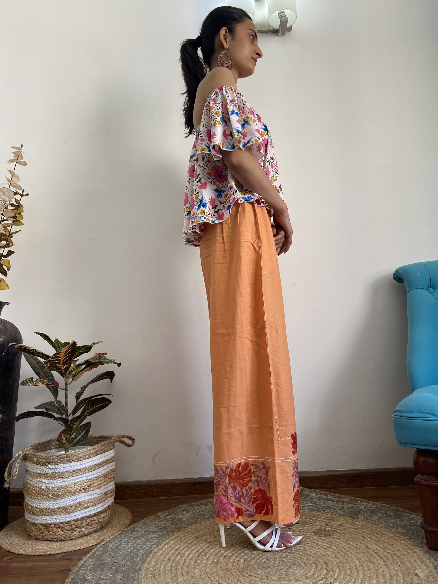 Women Orange Wide Leg Aari Embroidered Palazzos ‘M’