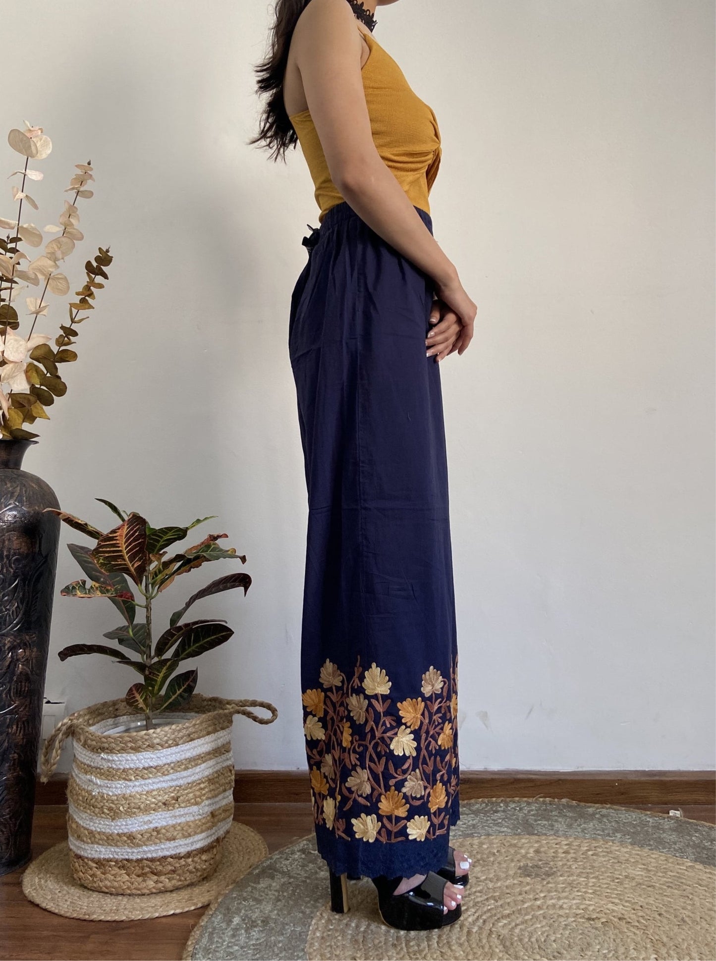 Women Navy Blue Hem Design Straight Aari Embroidered Palazzos ‘M’