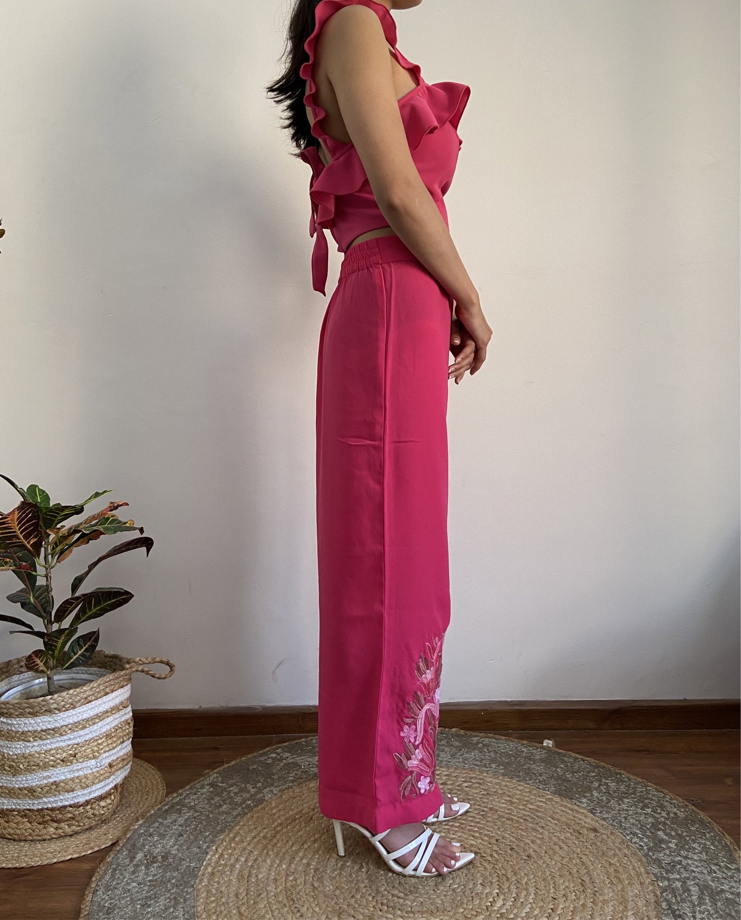 Women Pink Solid Flared Aari Embroidered Palazzos ‘L’