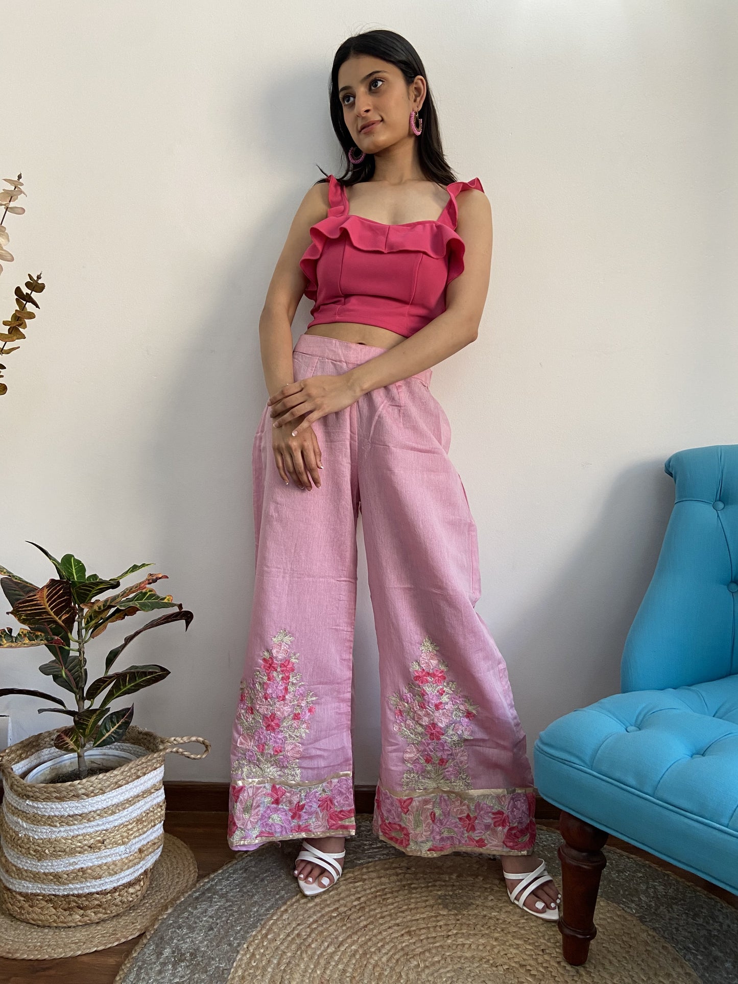 Women Pink Flared Aari Embroidered Palazzos ‘S’
