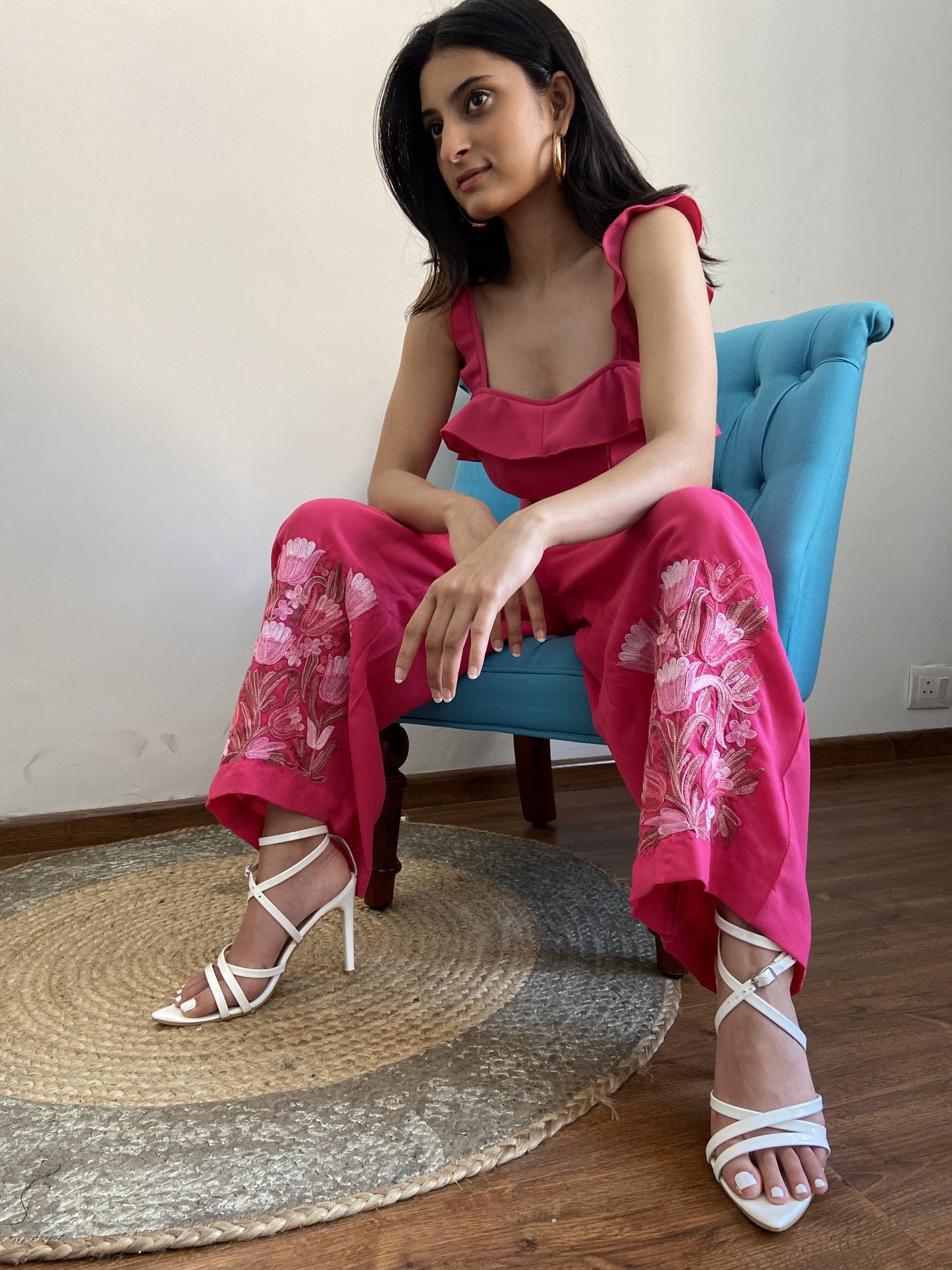 Women Pink Solid Flared Aari Embroidered Palazzos ‘L’