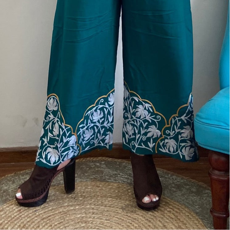 Women Green Wide Leg Solid Embroidered Palazzos