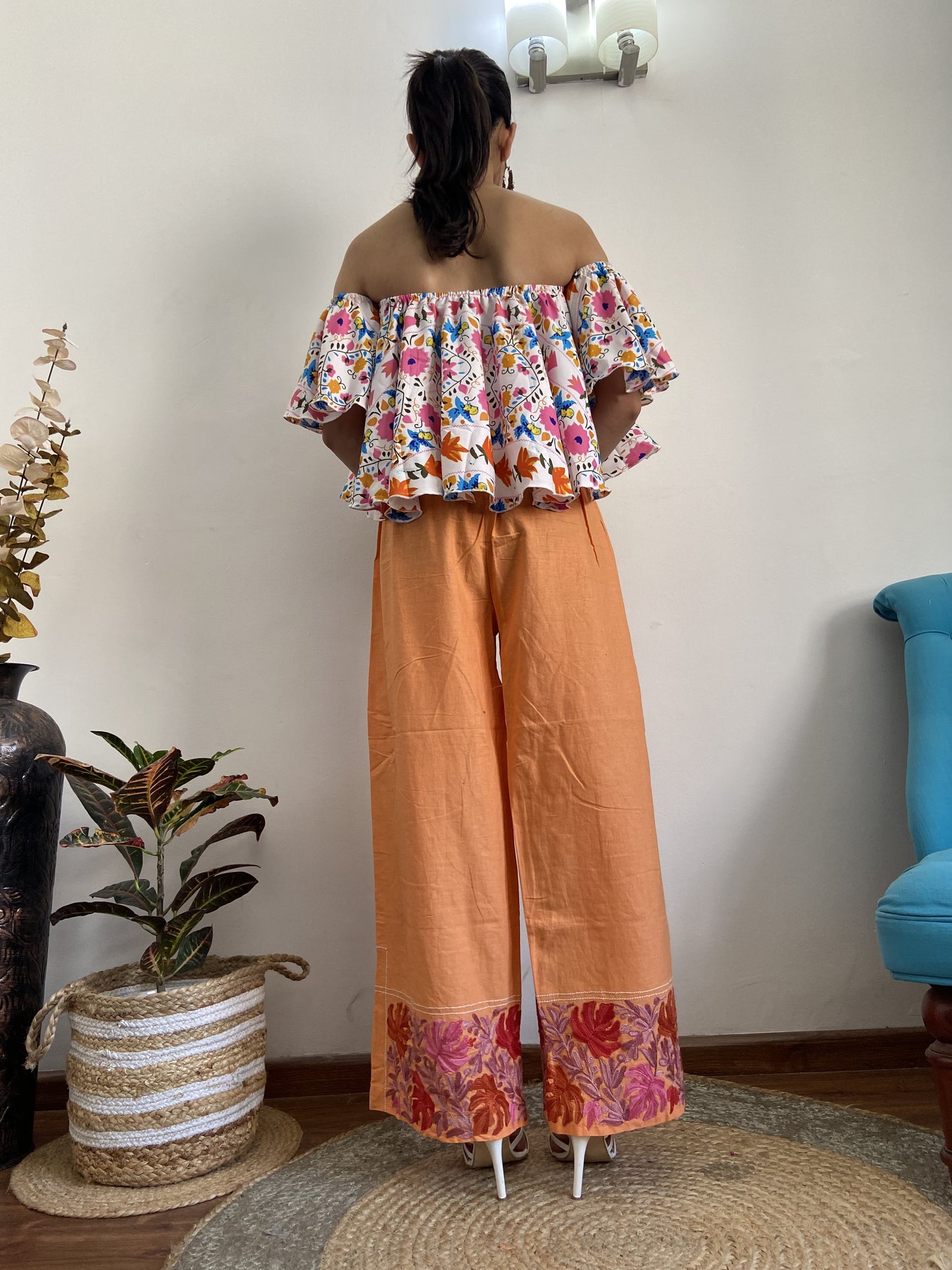 Women Orange Wide Leg Aari Embroidered Palazzos ‘M’