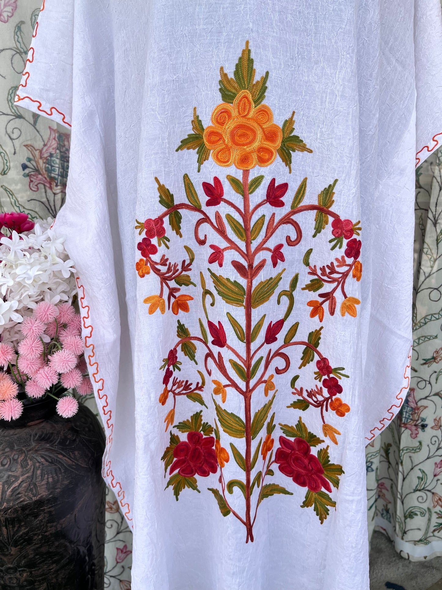 Crush Cotton White Aari embroidered Kaftan