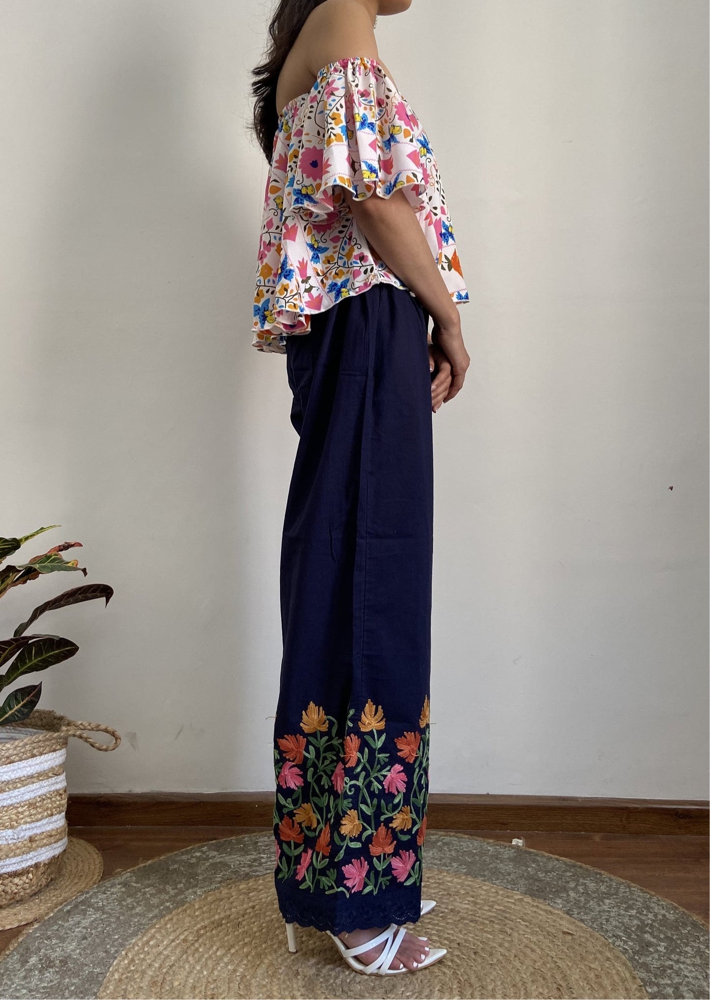 Women Navy Blue Hem Design Straight Aari Embroidered Palazzos ‘S’