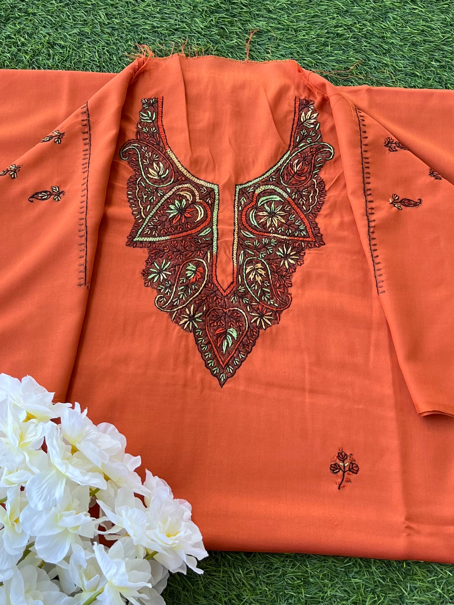 Cotton Orange Sozni Work Two Piece Set (Hand Embroidered)