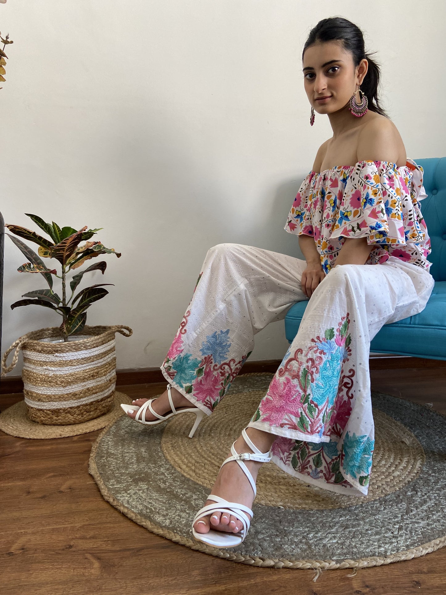 Women Off White Aari Embroidered Palazzos ‘L’