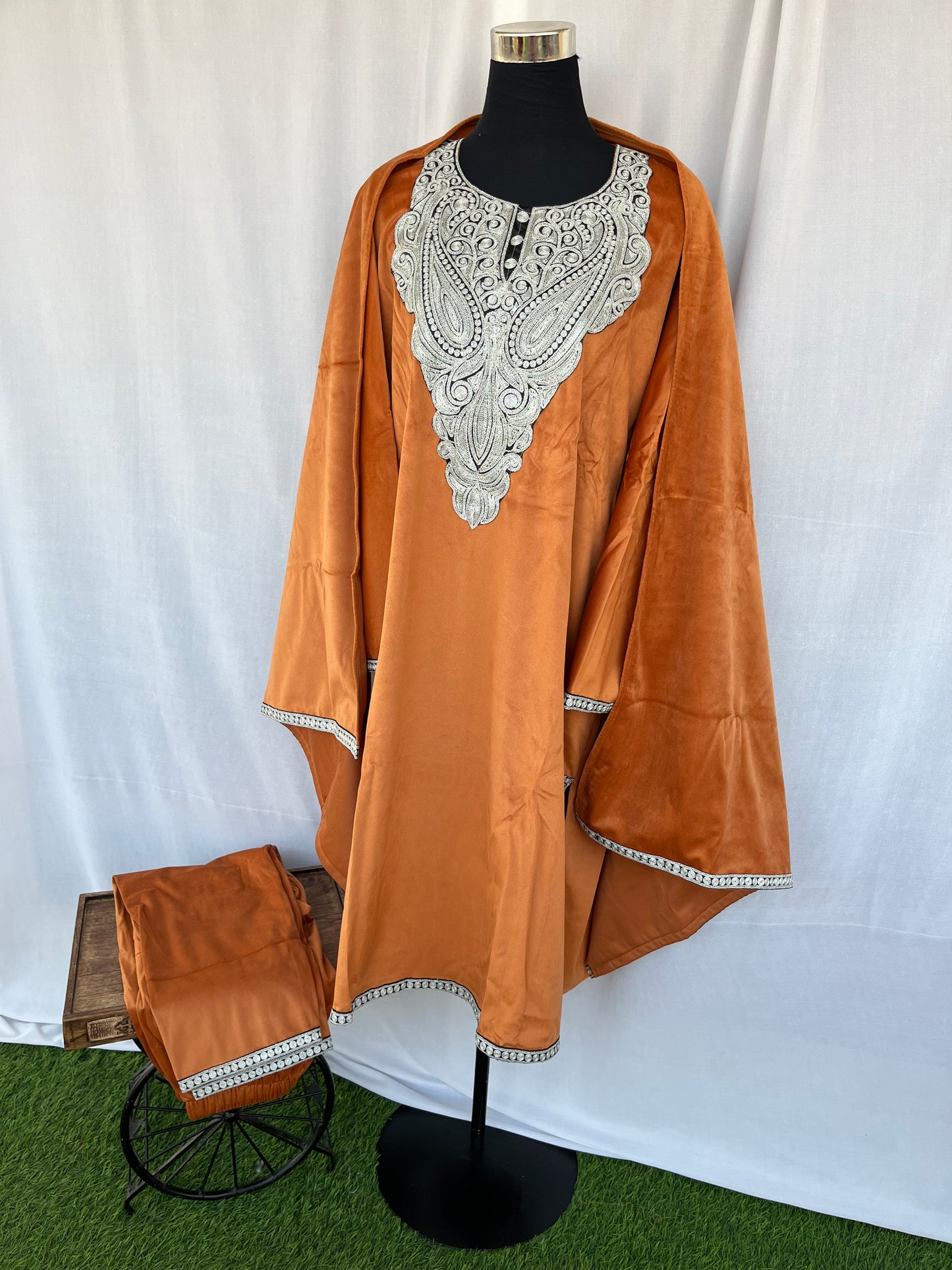 Orange Aari Embroidered 3 pc Velvet Suit Material