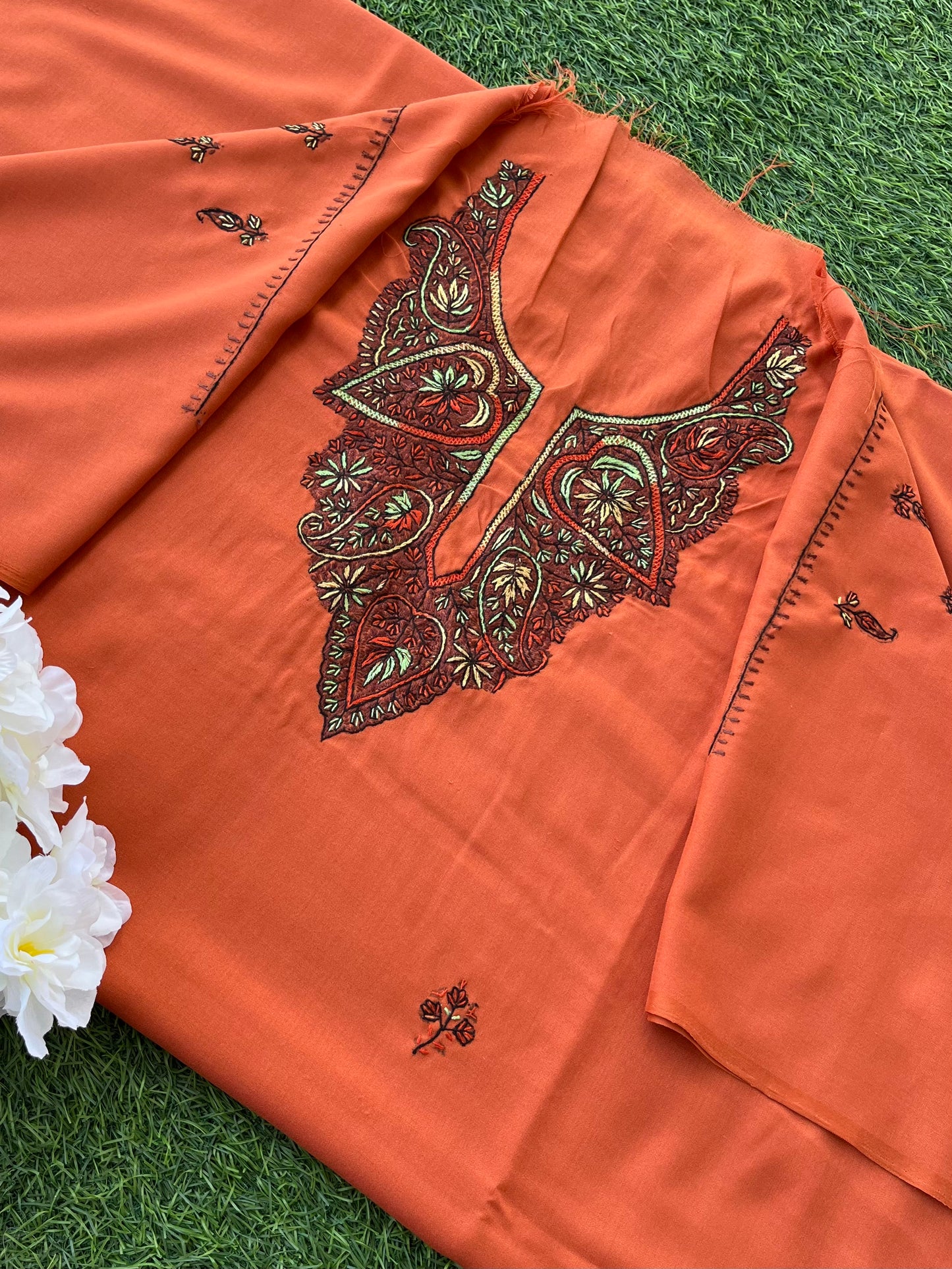 Cotton Orange Sozni Work Two Piece Set (Hand Embroidered)