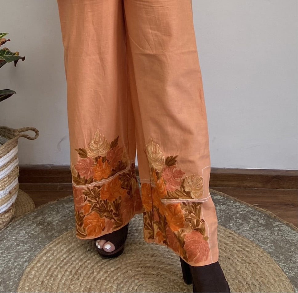 Women Orange Wide Leg Aari Embroidered Palazzos ‘XL’